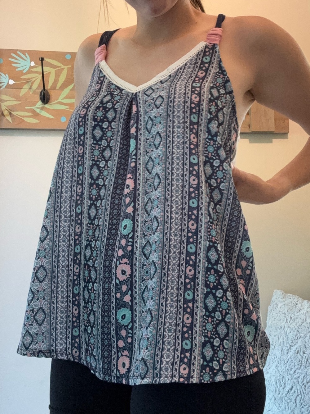 Rewind Navy Floral Stripe V-Neck Camisole with Pink Accents